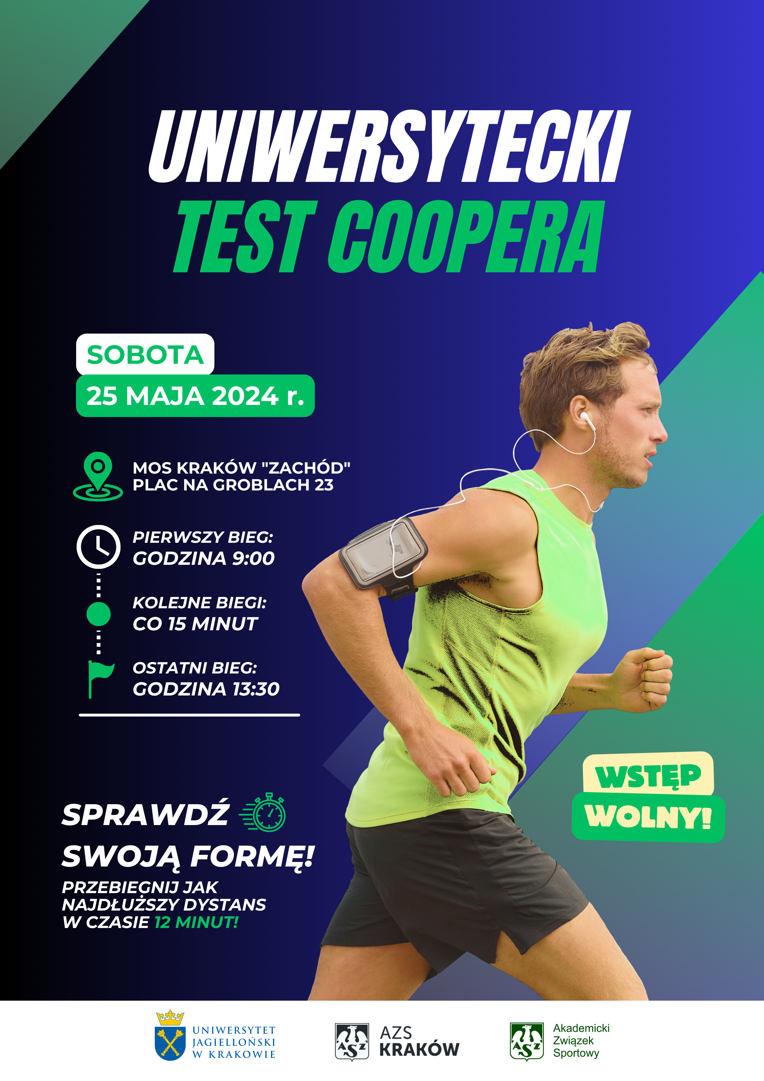 Plakat UTC. Biegnący mężczyzna w słuchawkach i stroju sportowym