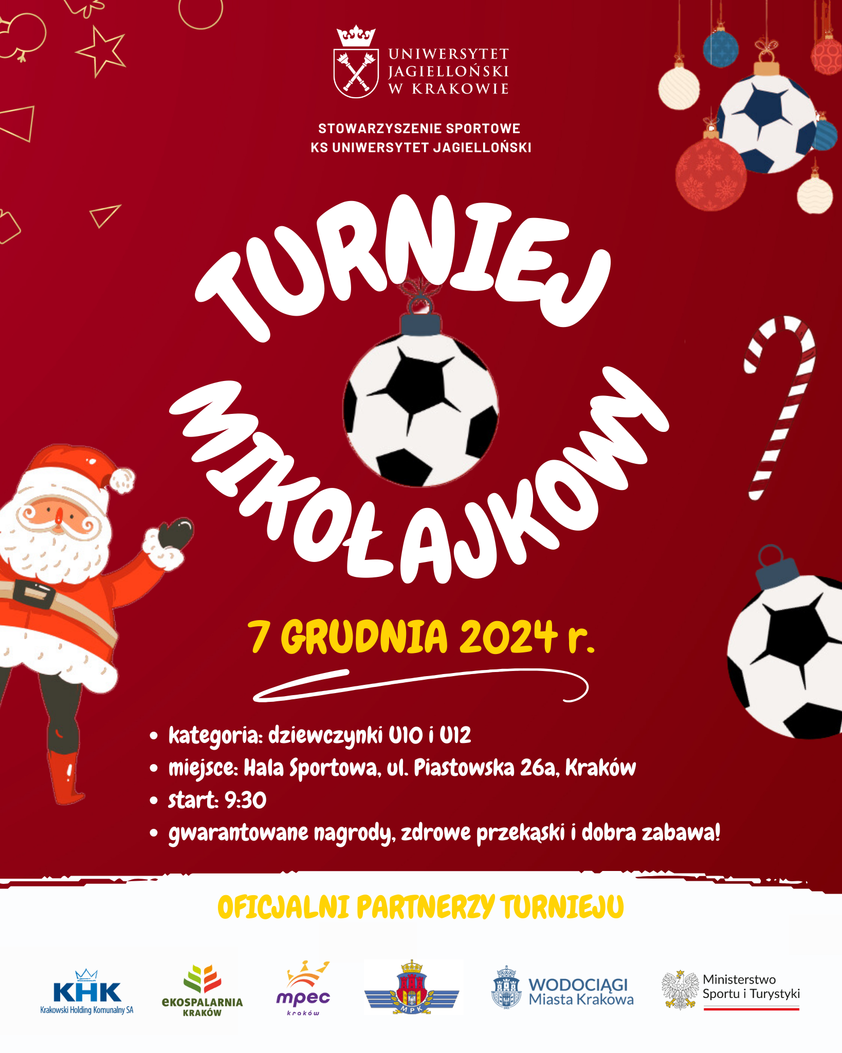 Grafika turnieju nawiązująca do mikołajek, piłka nożna, mikołaje, 