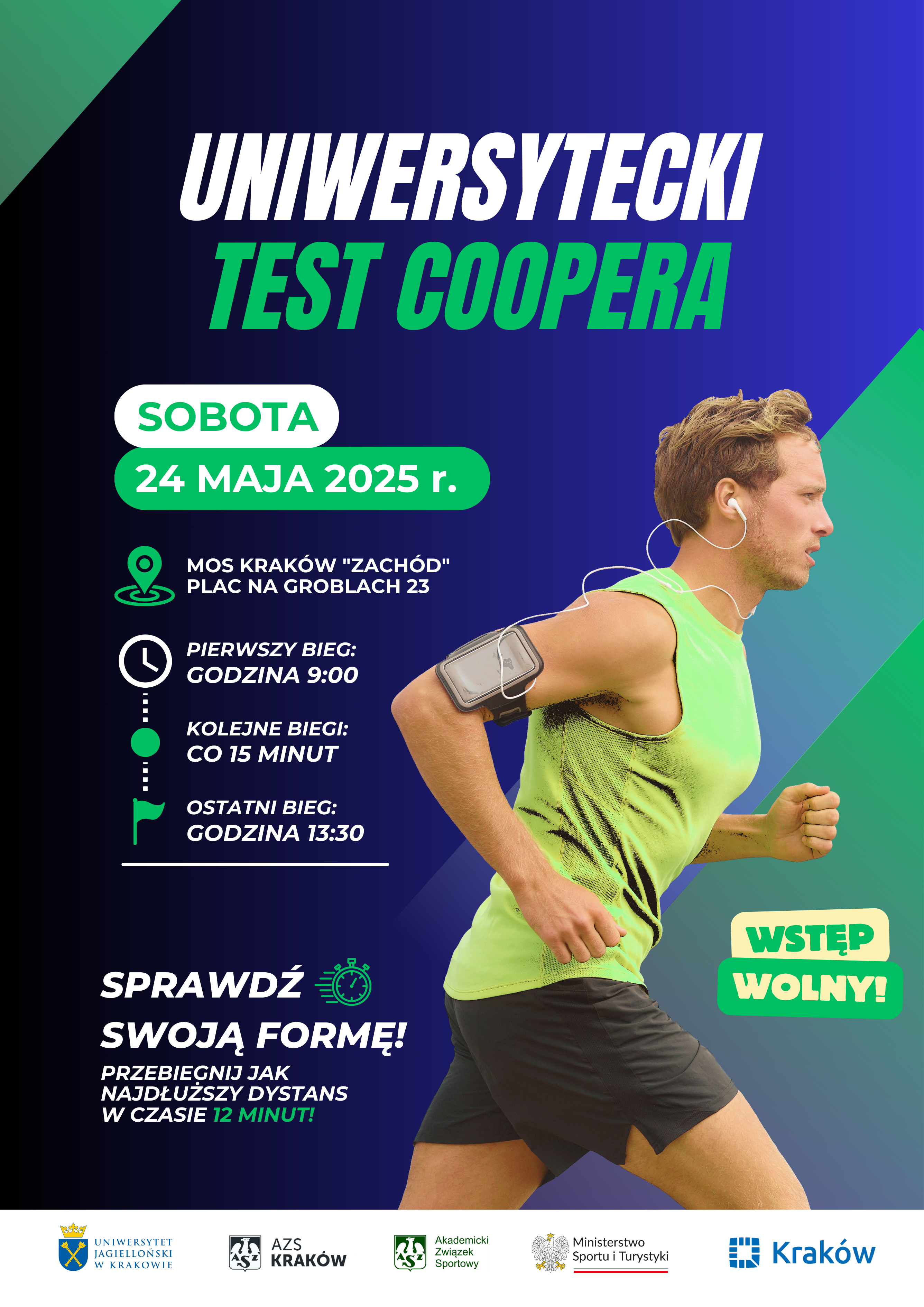 Plakat UTC z biegnącym mężczyzną w słuchawkach