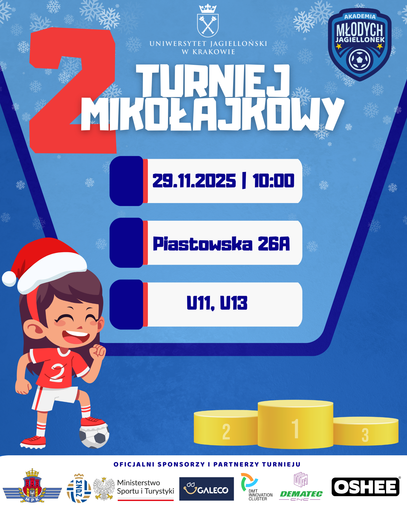 Plakat II Turnieju Mikołajkowego w piłce nożnej dziewcząt, na plakacie rysunek dziewczynki z piłką i czapką mikołajową